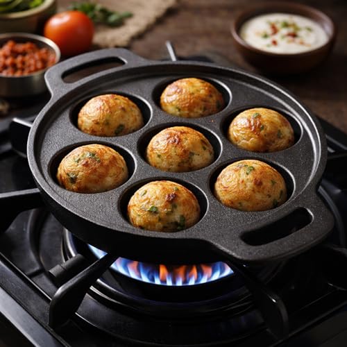 Image of Cast Iron Appam Pan (7 /9 /12 Cavity) | Paniyaram Pan, Appe Pan, Kuzhi Paniyaram Maker | Heavy Duty, Even Heating, Gas & Induction Compatible (7 Cavity (Small))