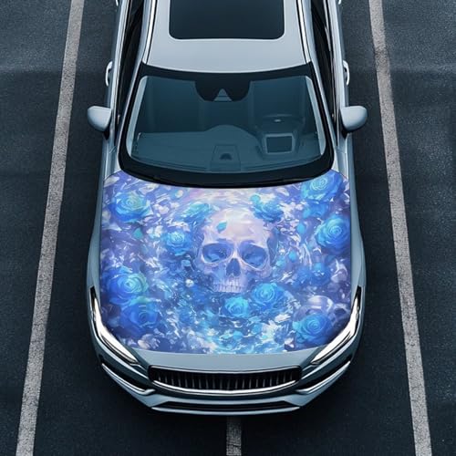 Image of Blue Rose Skull Car Hood Cover, Car Bonnet Banner, Universal Fit
