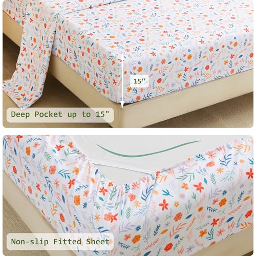 Image of lasoftan Floral Queen Comforter Set with Sheets, 7 piece Luxury Vintage Bedding, Soft Microfiber Bed in a Bag, Cozy Lightweight Bed Set, Green Patchwork Flower Leaf