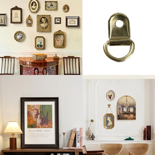 Image of D-Ring Picture Hangers with Screws - Bulk Pack of 50 - Small Single-Hole D Hooks for Secure Frame Hanging ,0.98IN*0.59IN Gold