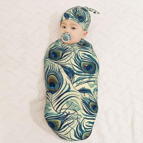 Image of Peacock Feather Newborn Swaddle Blankets Hat Sets Soft Baby Receiving Blanket Swaddle Sack for Baby Shower Infant Boy Girl Gift