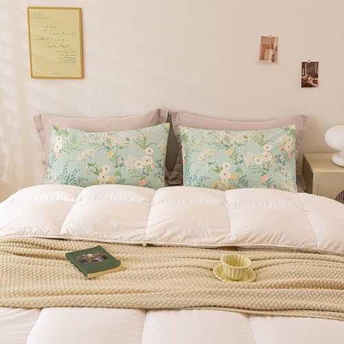 Image of ECOCOTT Sage Green Floral King Standard Size Set of 2, 100% Washed Cotton Pillow Cases with Envelope Closure, Botanical Wildflower Printed Pillow Covers 20 inchX36 inch