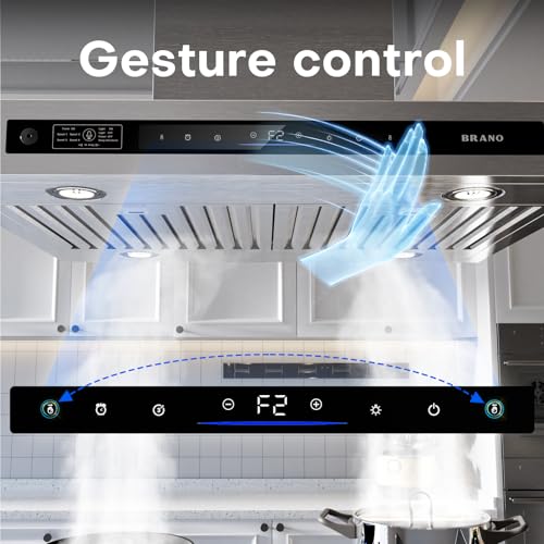 Image of BRANO Island Range Hood 36 Inch with 900 CFM 4 Speeds, Voice /Gesture /Touch Control Kitchen Hood, Ducted /Ductless Convertible, Adjustable Lights Stainless Steel Vent Hood