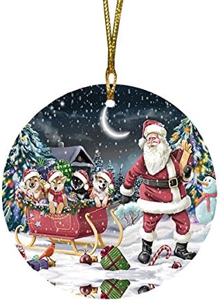 Santa Sled Dogs Shiba Inu Christmas Round Flat Ornament - Pet Decorative Hanging Ornaments for Christmas X-mas Tree Decorations - 2.75" Round Flat Ceramic Christmas Ornament POR1536