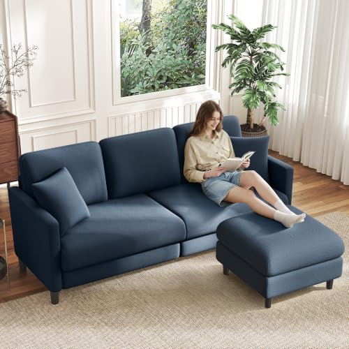 Image of Welzona 83 inch Couches for Living Room, Teddy Sofa Couch with Storage Ottoman, L Shaped Couch with Movable Ottoman, Tool-Free Modular Sectional Sofa, All-Wood Sofas for Living Room 2 Pillows, Blue Grey