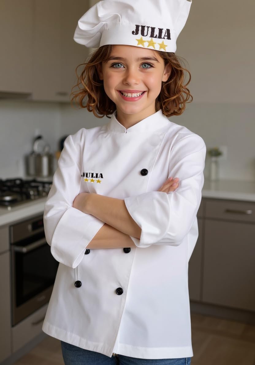 Giacche da Cucina per Bambini. Giacca da Cuoco per Bambini Personalizzata. Set Cappello e Giacca da Cuoco. Regalo Completamente Personalizzato (misurare 8, Berretto + Giacca)