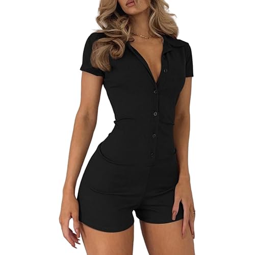 MOCIBO Women's Short Sleeve Jumpsuit Bodycon Sexy Romper Ribbed Knit Collar Button Front Bodysuit