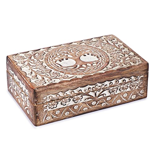 Ajuny Scatola Portaoggetti Decorativa Intagliata a mano in Legno con Intagli a forma di Albero Della Vita Bianca Multiuso Portagioie 8x5 pollici