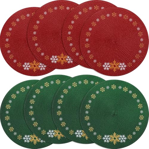 Remerry 8 Pcs Christmas Round Embroidered Placemats Set of 8 Snowflake...