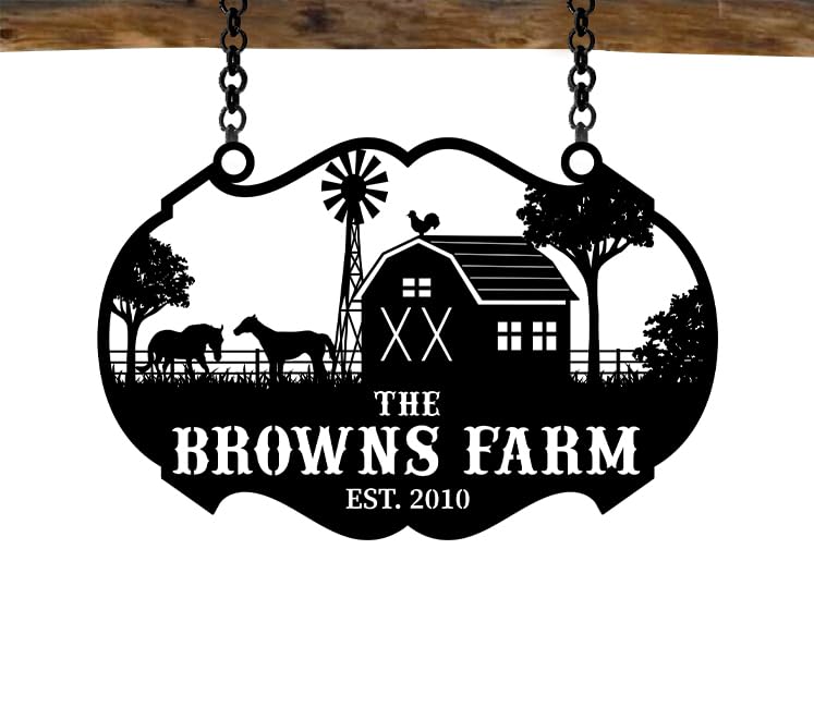 BROSS HOME Personalized Metal Farm Ranch Sign, Customized Family Last Name, Large Decor, Outdoor Art, Welcome Sign, Black, 12" - 14" - 16" - 20" - 24"