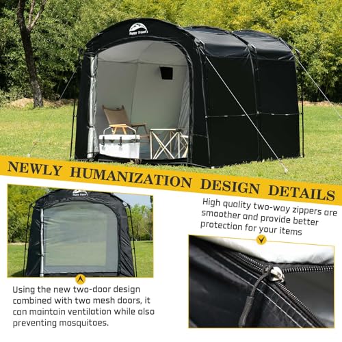Image of Happy Travel Bike Storage Tent, Outdoor 8x7x6.3ft Large 2-in-1 Portable Shed More 30% Top Space W /Double Doors with Mesh, Outside Lawn Mower Shelter and Bicycle Cover for Patio Furniture, Garden Tools