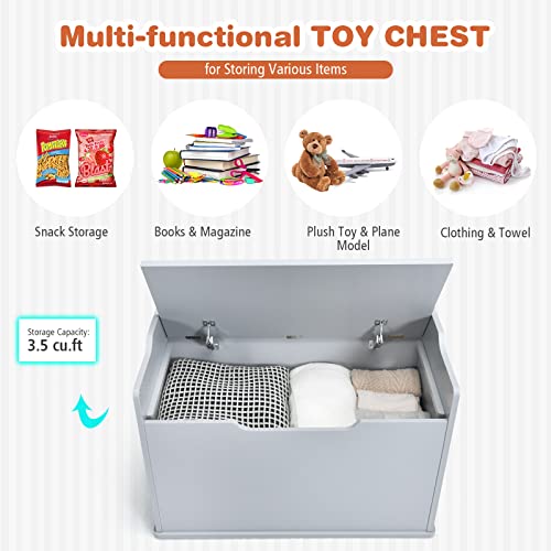 Costzon Kids Wooden Toy Chest, Wide Toy Box Storage Chest With Bench Seat, Toy Storage Trunk Case With Finger-Pinch Prevention, Lift-Top Foot Rest Seat For Toddler Bedroom Playroom Entry (Grey) #TOP4