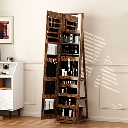 Sdhyl Jewelry Storage Cabinet With Mirror, 360° Rotating Jewelry Organizer Hanging, Full Length Mirror Wooden Jewelry Boxes & Organizers, Standing Jewelry Makeup Storage Lockable Armoire With Lock #TOP4