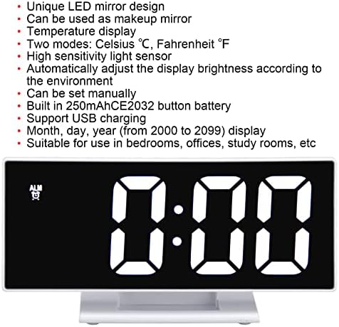 Les-Theresa Digital Alarm Clock, LED Mirror Display USB Charging Ports Auto Dim Mode, Modern Design Clock for Bedroom Office (White)