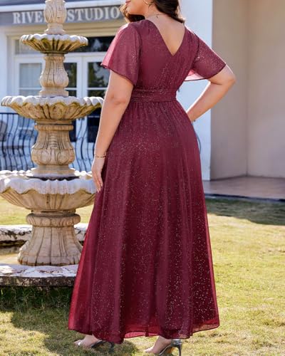 Image of Talisea Plus Size Formal Dresses - V Neck Flutter Sleeve Glitter Prom Evening Gowns Wedding Guest Chiffon Long Maxi Dress