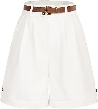 Belle Poque Women Bermuda Shorts Elastic Waist Wide Leg Shorts with Pockets & Belts