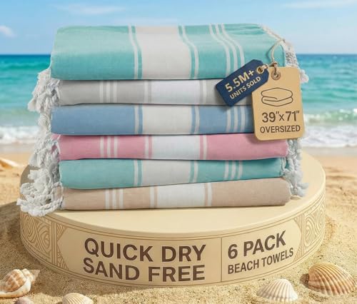 LANE LINEN Turkish Beach Towels for Women, Set of 6 - Large 39'x71', Pre-Washed, No-Shrink, Sand-Free, Quick Dry, Lightweight, Soft Beach Bath Towels - Vintage Beach
