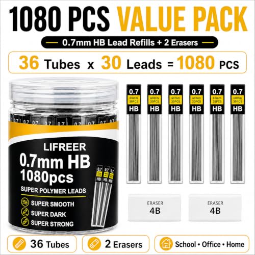 Image of 0.7 Lead Refills (1080 Pcs), Unbreakable 0.7 mm Lead Refills and 2 Premium Erasers, Long Lasting HB Pencil Lead 0.7 Refill,Mechanical Pencil Lead 0.7mm for Students & Professionals