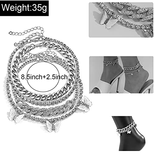 Image of Layered Butterfly Anklet for Women Charms Butterfly Gold Plate Silver Plate Rhinestone Cuban Anklets Adjustable Anklet for Summer Beach