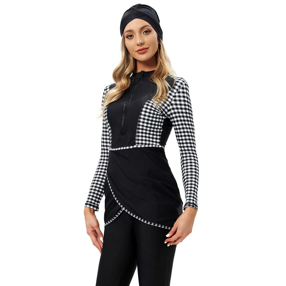 OBEEII Full Body Swimsuit for Women, Burkini Swimsuits for Women, Full Coverage Long Sleeve Bathing Suit Burkini Hijab Swimwear Muslim Clothes Plaid XL