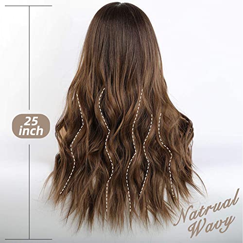 Emmor Long Brown Lace Front Wig For Women, 25 Inch Natural Hair Wavy Synthetic Wigs Middle Part Daily Hair Hand Tied/Longlife/Lightweight #TOP2