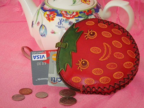 Real Leather Strawberry Coin Purse, Handmade Strawberry Pattern Change Purse, Wrist Strap And Zipper #TOP1