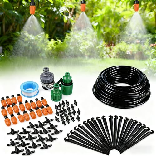 NACNO 50FT Garden Drip Irrigation Kit - DIY Misting Cooling System with 1/4' Tubing & Adjustable Atomizing Nozzles for Greenhouse, Patio, Raised Beds, Potted Plants