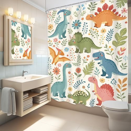 Image of Funny Dinosaur Kids Cute Green Plant Colorful Bathroom Shower Curtain Set | 60Wx71H Wildflowers Leaf Bathroom Curtain,Waterproof Polyester Fabric HD Print Bathroom Decor with 12 Hooks