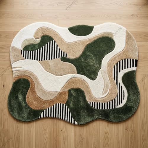 Image of Tauhid Carpet Super Soft Microfiber Shaggy Area Rug | Modern Irregular Abstract Olive Green Beige & Ivory Plush Carpet | Fluffy Floor Rug for Living Room, Bedroom 6 x 8 Feet.