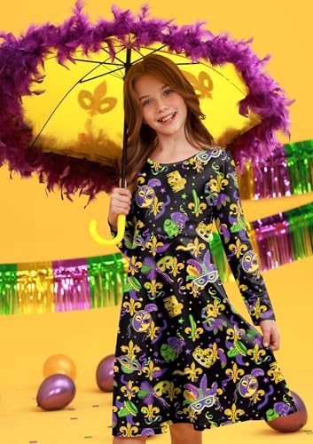 Girl's Mardi Gras Fleur de Lis Print Long Sleeve Midi Dress Carnival Outfit 4-12 Years3