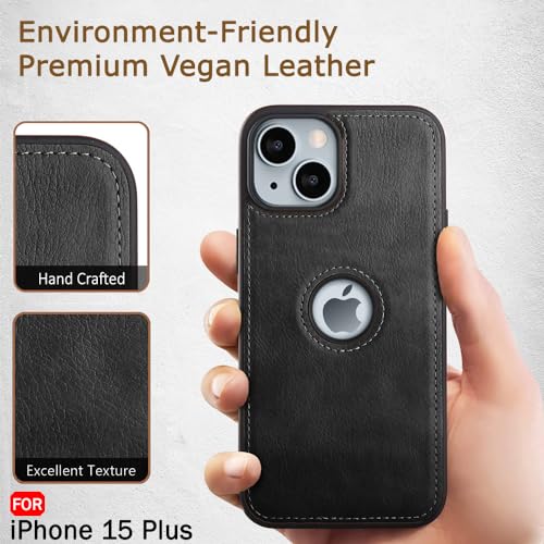 Image of TheGiftKart Genuine Leather Finish Back Cover Case for iPhone 15 Plus | Shockproof Design | Raised Edges for Camera & Screen Protection | Stunning Minimalist Design Case Cover (Black Sides, Black)