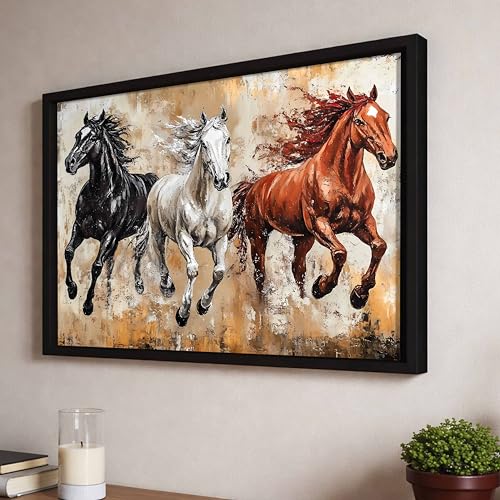 Image of 3 Running Horses Vastu Framed Wall Art Painting For Living Room|Three Horse Painting With Frame for Home & Office Decor, 17x23 Inch