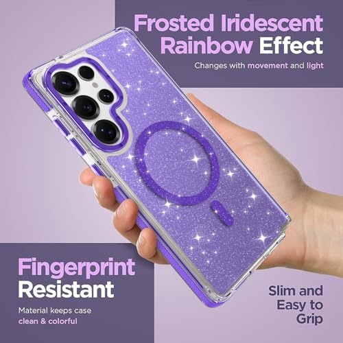 Image of Magnetic Case for Samsung Galaxy S25 Ultra [Compatible with Magsafe] [Bling Glitter Fluorescent Design] [1 Screen Protector] Slim Translucent Matte Case for Galaxy S25 Ultra 6.9 inch, Purple