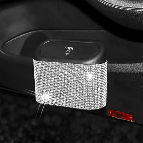 Image of AICEL Bling Car Trash Can with Lid, Crystal Rhinestones Leakproof Auto Garbage Hanging Container Bin, Multipurpose Diamond Dustbin Storage Organizer, Universal Vehicle Accessories (White)