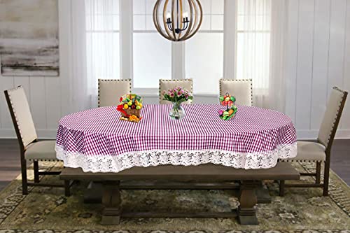 Image of The Furnishing Tree Waterproof PVC Oval Shaped 8 to 10 Seater Table Cover WxL 60x108 inches Pin Check Pattern Voilet with White Border lace