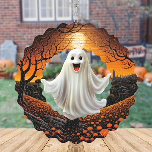 Hanging Wind Spinner Halloween Decor 10 Inch 3D Stainless Wind Spinner for Hanging Outdoor Holidays White Ghost Wind Spinners for All Saints' Day Room Party Garden Decor Outside