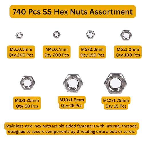 Image of Stainless Steel 202 Grade Hexagonal Nuts 7 Sizes M3, M4, M5, M6, M8, M10, M12 Assortment Pack of 740 Pcs with Storage Box