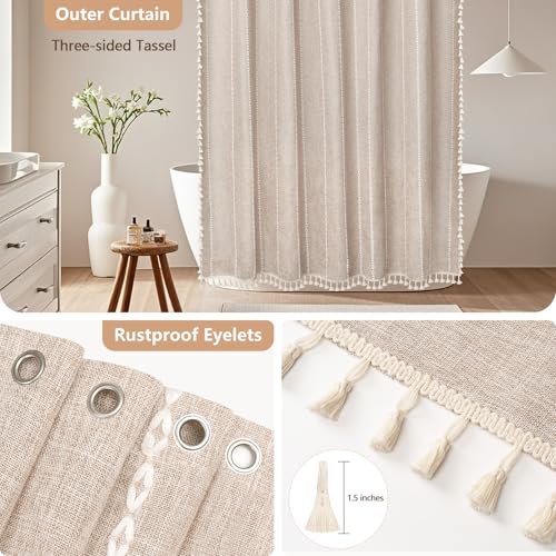 Seenus Boho Farmhouse Shower Curtain and Fabric Liner Set, Heavyweight Linen Textured Fabric Shower Curtain Taupe with Tassels, 2 in 1 Waterproof Fabric Shower Curtain Set for Bathroom, 72x72 Inch by Seenus - Used condition - Image 4