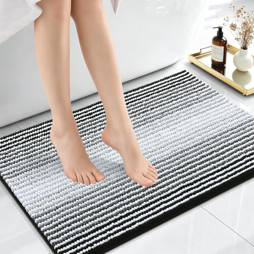 Image of OLANLY Small Bathroom Rugs 24x16, Extra Soft Absorbent Chenille Striped Bath Rugs, Rubber Backing, Machine Wash Dry, Bath Mats for Bathroom Floor, Tub and Shower, Home Decor Accessories, Black