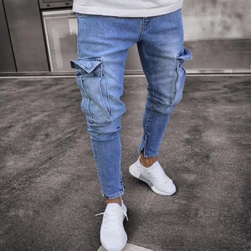 Jeans Pants Trouser Denim Stretch Trendy Knee Wear Out Hole Washed Blue Grinding Fading Zipper Small Leg for Men3
