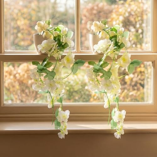 Image of Dekorly Premium Artificial Hanging Garland with Pot - 100cm Vine, 10cm Decorative Pot for Table | Shelf & Wall Decor (2, White)