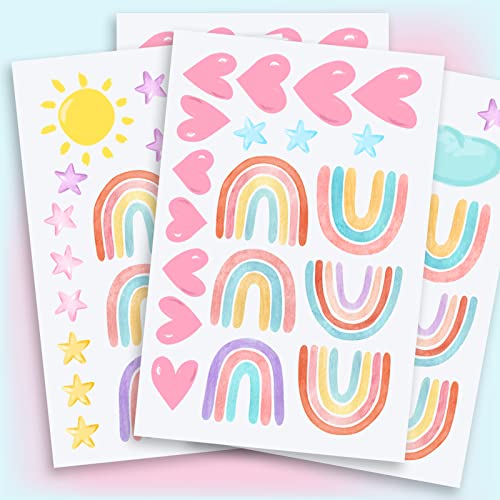 72 Pcs Small Boho Rainbow Wall Decals Self Adhesive Rainbow Wall Decor Sticker Watercolor Rainbow Heart Sun Star Cloud Wall Stickers For Girls Boys Baby Bedroom, Nursery Decoration #TOP3