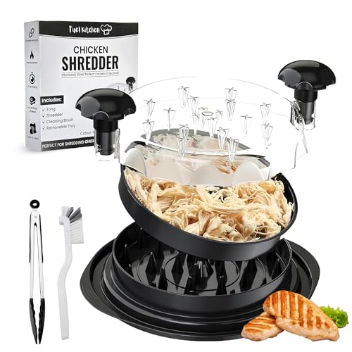 Large Chicken Shredder with Transparent Lid, Brush & Tongs - 10' Handheld Meat Shredder Tool Twist for Chicken, Turkey, Beef, Pork and More - Dishwasher Safe