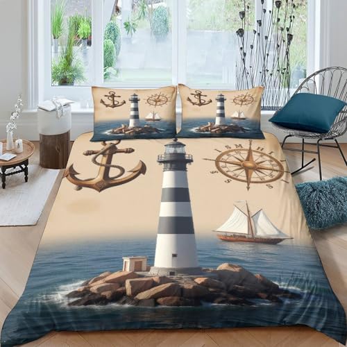 Vintage Maritime Funda de Edredón Juego de Ropa de Cama de 3 Piezas Diseño 3D con Cremallera Vintage Maritime diseño Funda Edredon Incluye Fundas de Almohada Suave for niños y niñas （140x200cm）