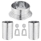 sailimue 4pcs African National Jewelry for Women African Egyptian Choker Collars Gold Chunky Statement Leather Necklace Bangle Bracelet Earring Jewelry Set Silver