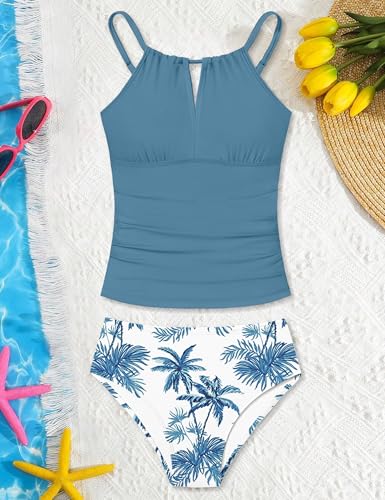 Image of Girls Swimsuit Halterneck 2 Piece Girl Swimsuit with Floral Print Shorts Ruched Girls Tankini Swimsuit 11-18 Years