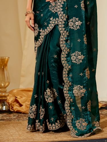 Image of Kasee Women's Bottle Green Floral Embroidered Silk Blend Saree with Rich Zari Border and Unstitched Blouse Piece
