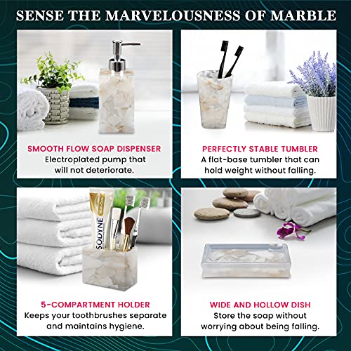 Aimone Bathroom Accessory Set, White Marble Inside Bath Gift Set Of 4 Pieces, Includes Soap Dispenser, Toothbrush Holder, Tumbler, Soap Dish - High Class Home Decor Gift #TOP2