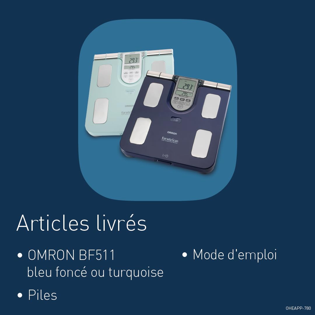 OMRON BF511 Balance Pèse Personne Impédancemètre Familiale avec Mesure Complète à 8 Capteurs, Analyse de l'IMC et du Pourcentage de Graisse - Balance Numérique pour Adultes/Enfants (6 ans+)