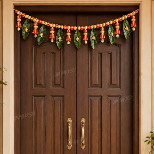 Image of Divyakosh Handmade Door Toran for Main Entrance Door| 38 Inch Indian Festive Bandarwal with Mango Leaves, Golden Ganesha, Pearl Tassels & Red Gold Beads | Decorative Hanging for Diwali, Wedding